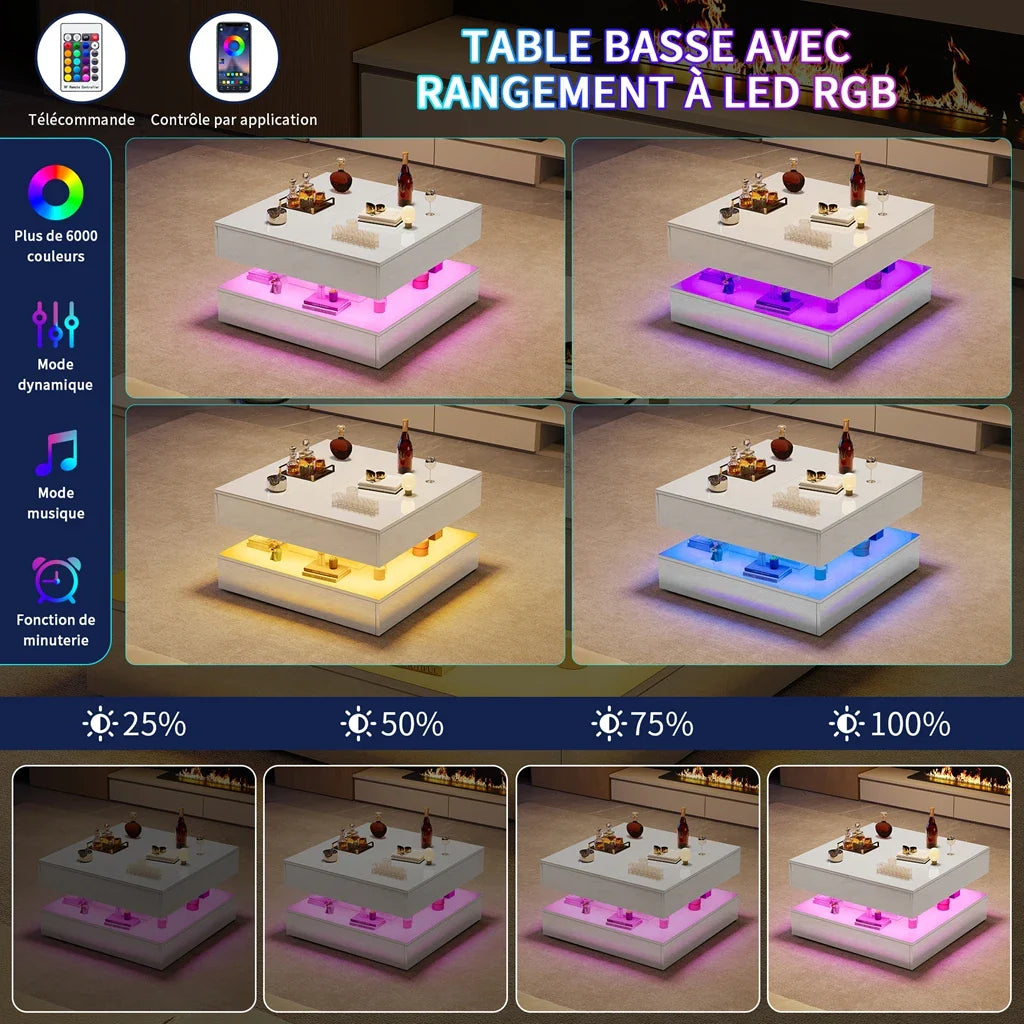 Table basse blanche et en bois rectangulaire avec LED et 2 tiroirs 100x50x45-58.5 cm