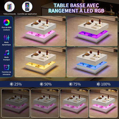 Table basse blanche et en bois rectangulaire avec LED et 2 tiroirs 100x50x45-58.5 cm