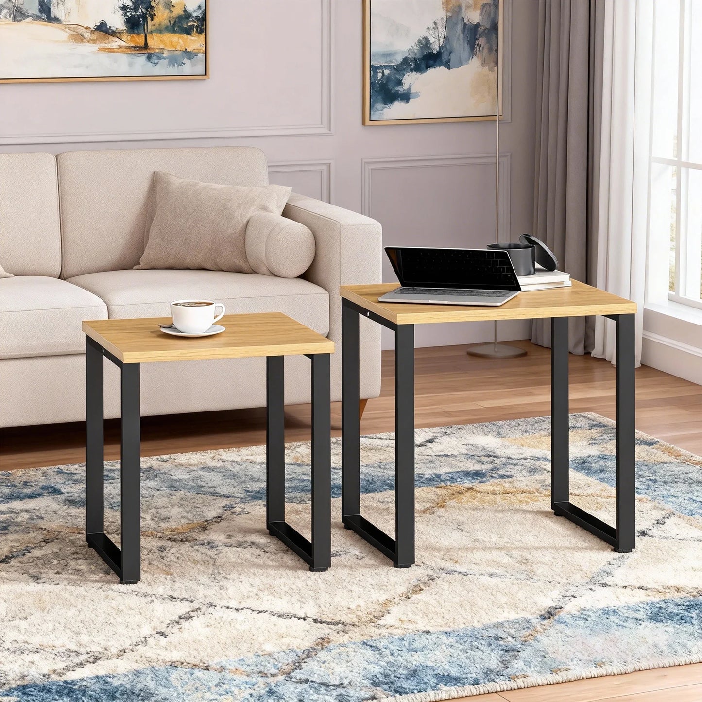 Table basse en bois et noir ensemble de 2 tables gigognes industrielles avec cadre métallique noir