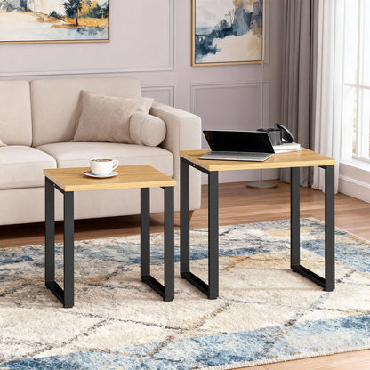 Table basse en bois et noir ensemble de 2 tables gigognes industrielles avec cadre métallique noir