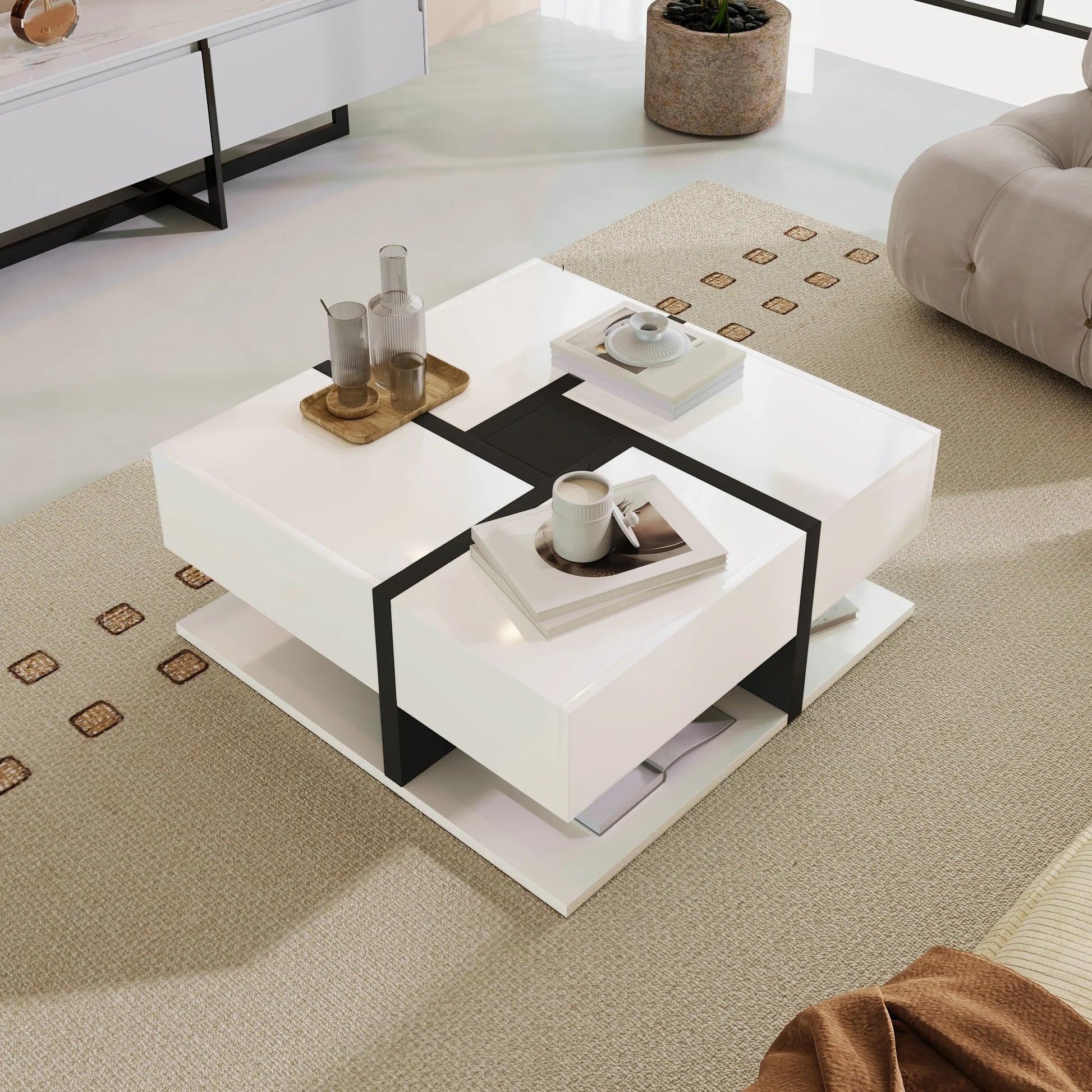 Table basse blanche et en bois avec 4 tiroirs 78x78x36 cm