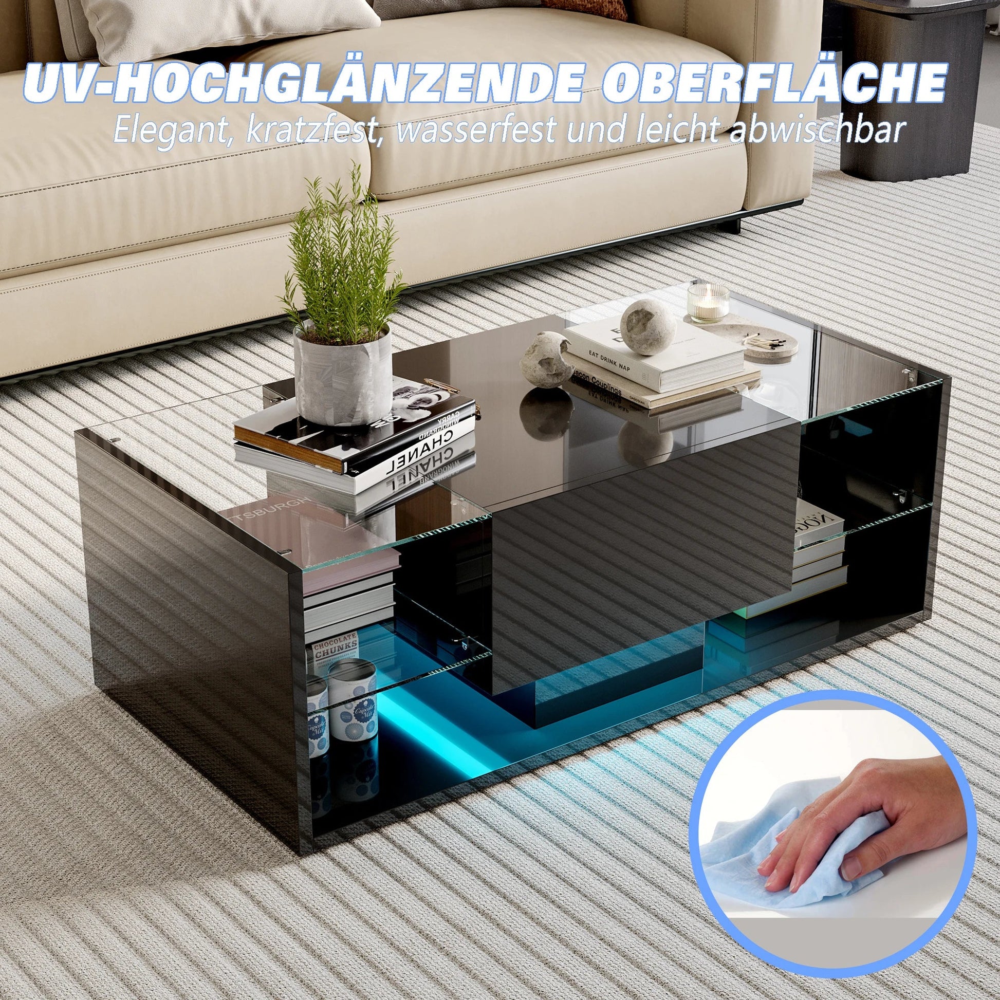 Table basse en bois et noir avec LED et tiroirs