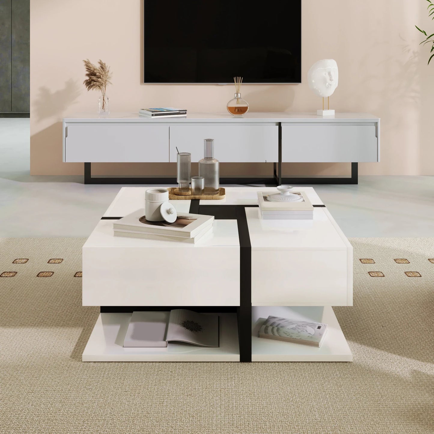 Table basse blanche et en bois avec 4 tiroirs 78x78x36 cm