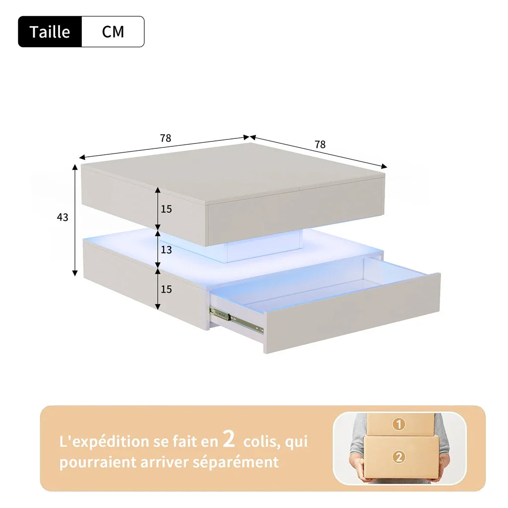 Table basse blanche et en bois rectangulaire avec LED et 2 tiroirs 100x50x45-58.5 cm