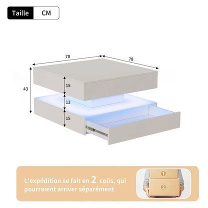 Table basse blanche et en bois rectangulaire avec LED et 2 tiroirs 100x50x45-58.5 cm