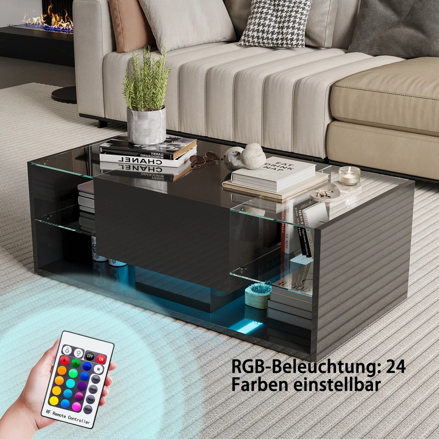 Table basse en bois et noir avec LED et tiroirs