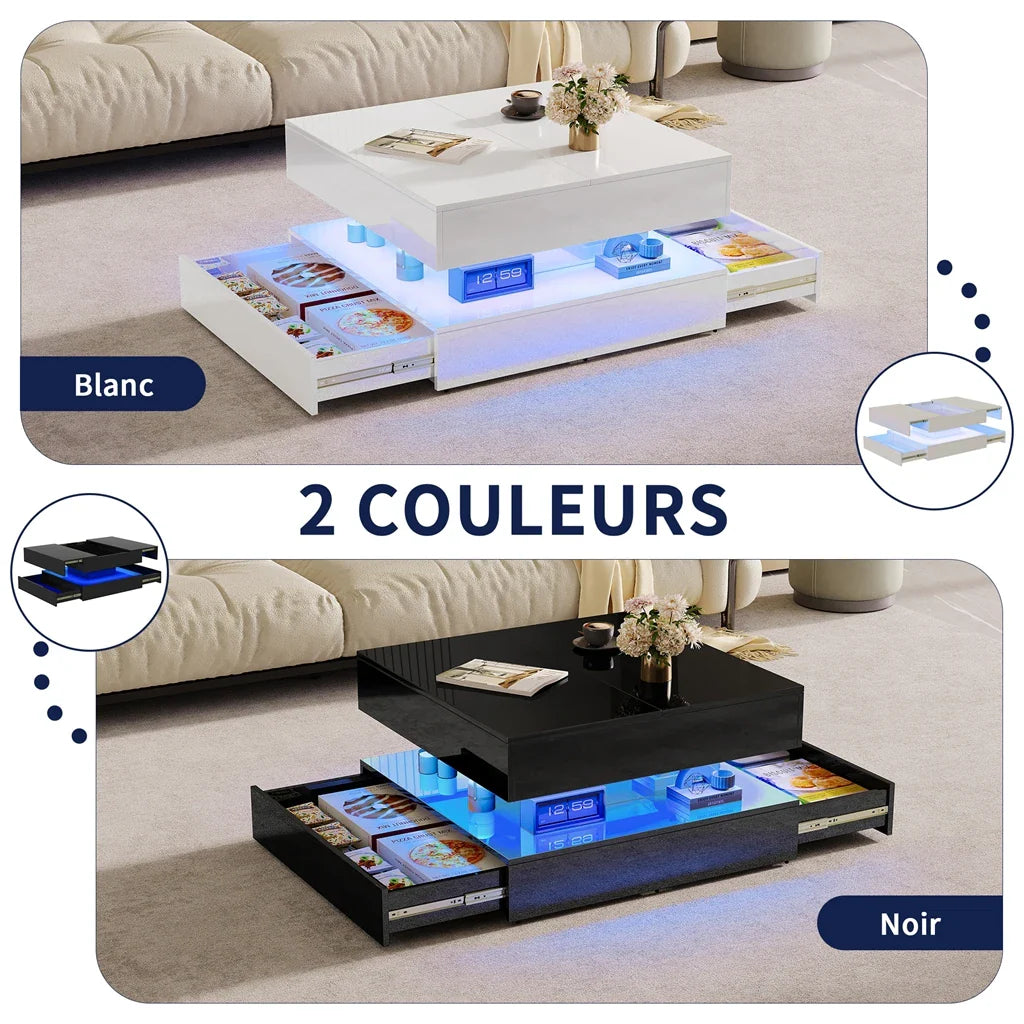 Table basse blanche et en bois rectangulaire avec LED et 2 tiroirs 100x50x45-58.5 cm