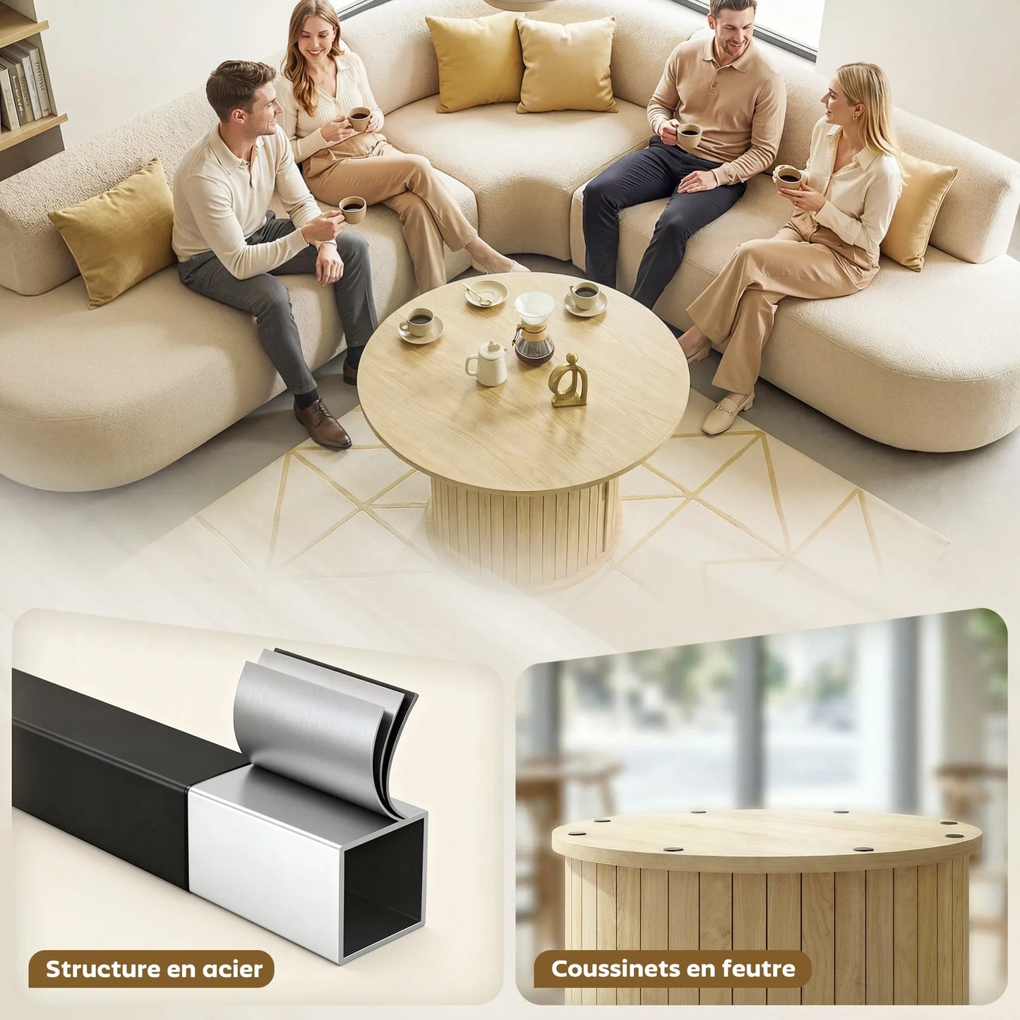 Table basse bois clair ronde avec rangement caché et étagères 35 x 35 x 55 cm