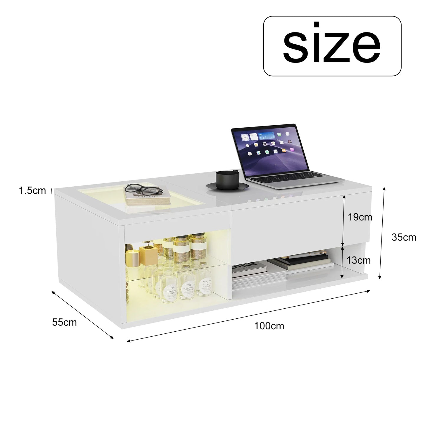 Table basse blanche et en bois rectangulaire avec plateau levant et rangement caché 100x55x35-50 cm
