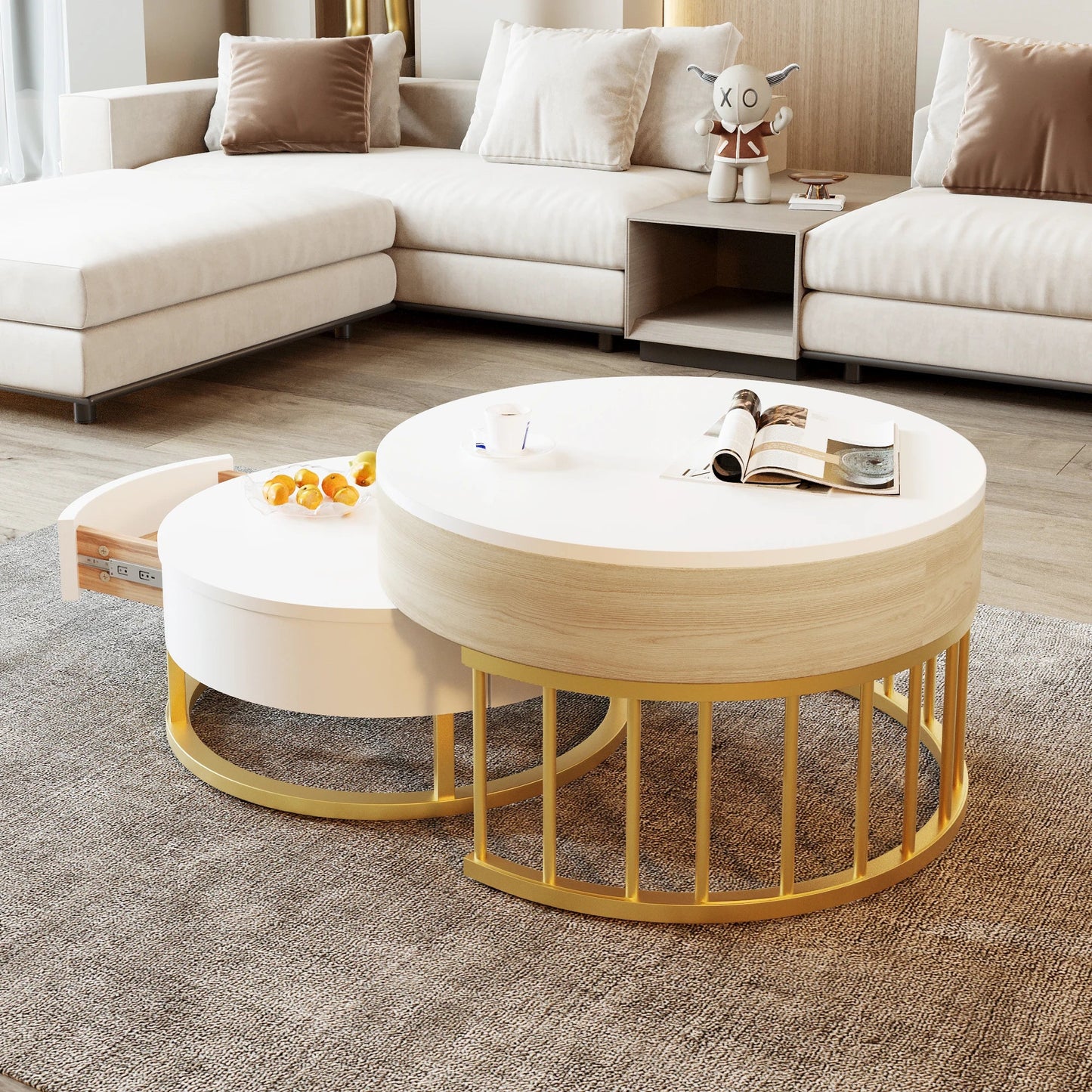 Table basse ronde en bois MDF avec verre trempé double étagère