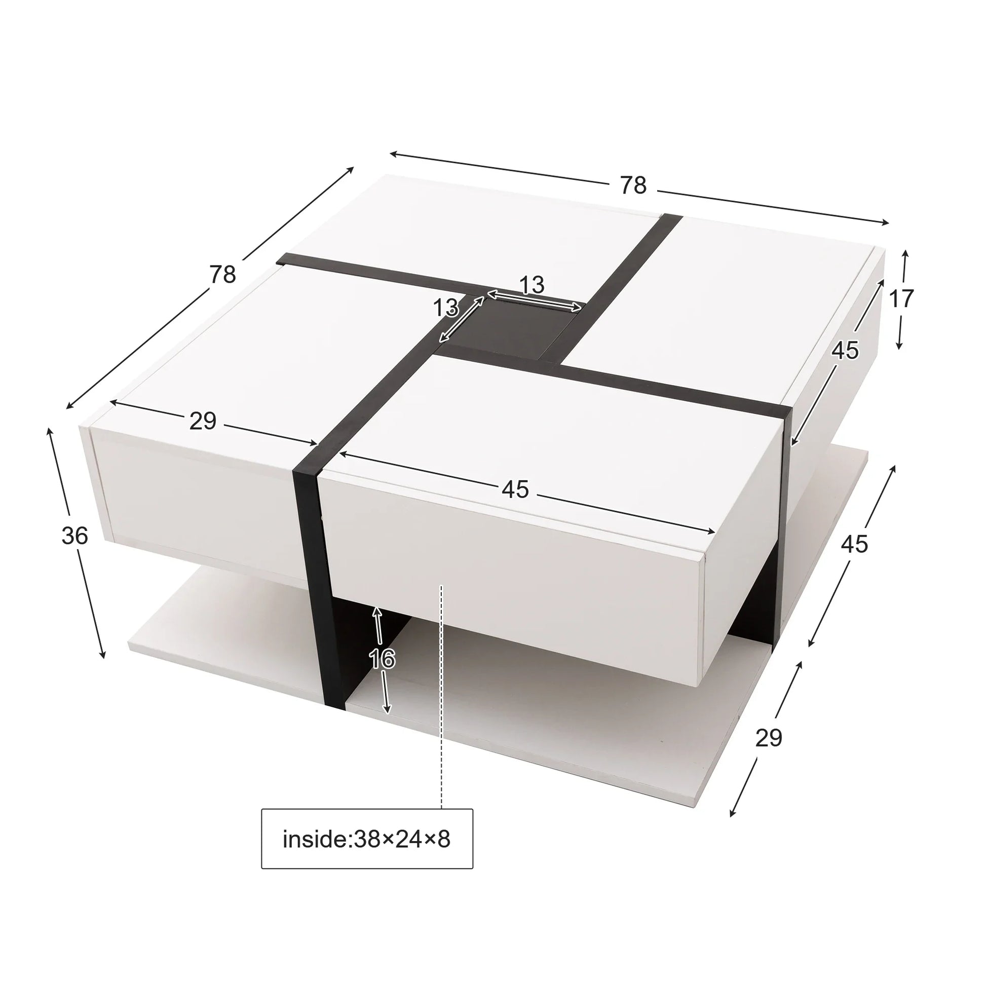 Table basse blanche et en bois avec 4 tiroirs 78x78x36 cm