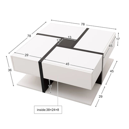 Table basse blanche et en bois avec 4 tiroirs 78x78x36 cm