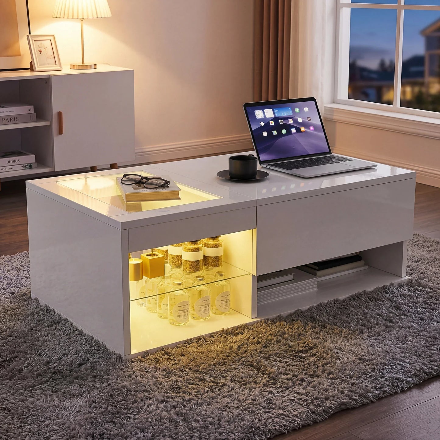 Table basse blanche et en bois rectangulaire avec plateau levant et rangement caché 100x55x35-50 cm