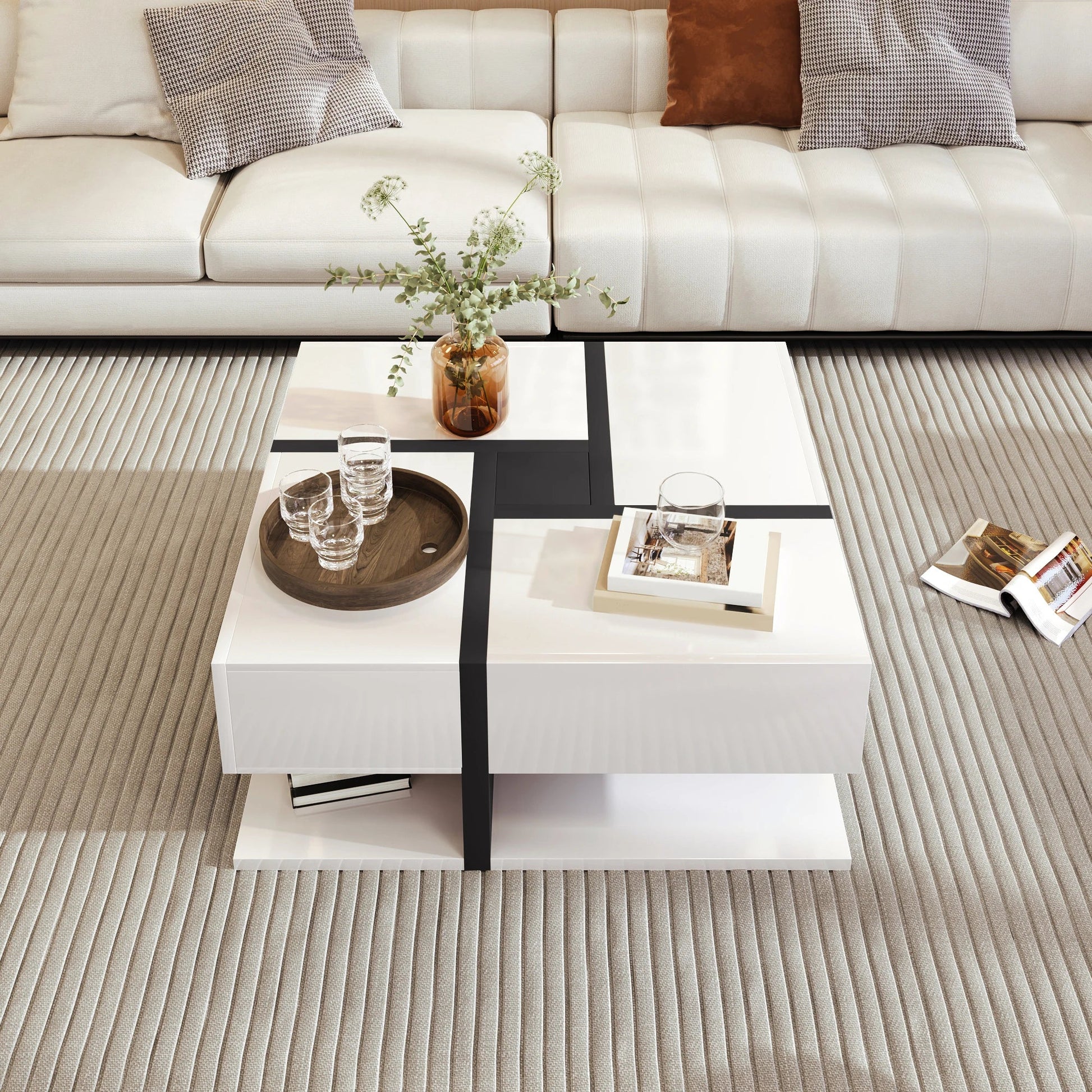 Table basse blanche et en bois avec 4 tiroirs 78x78x36 cm