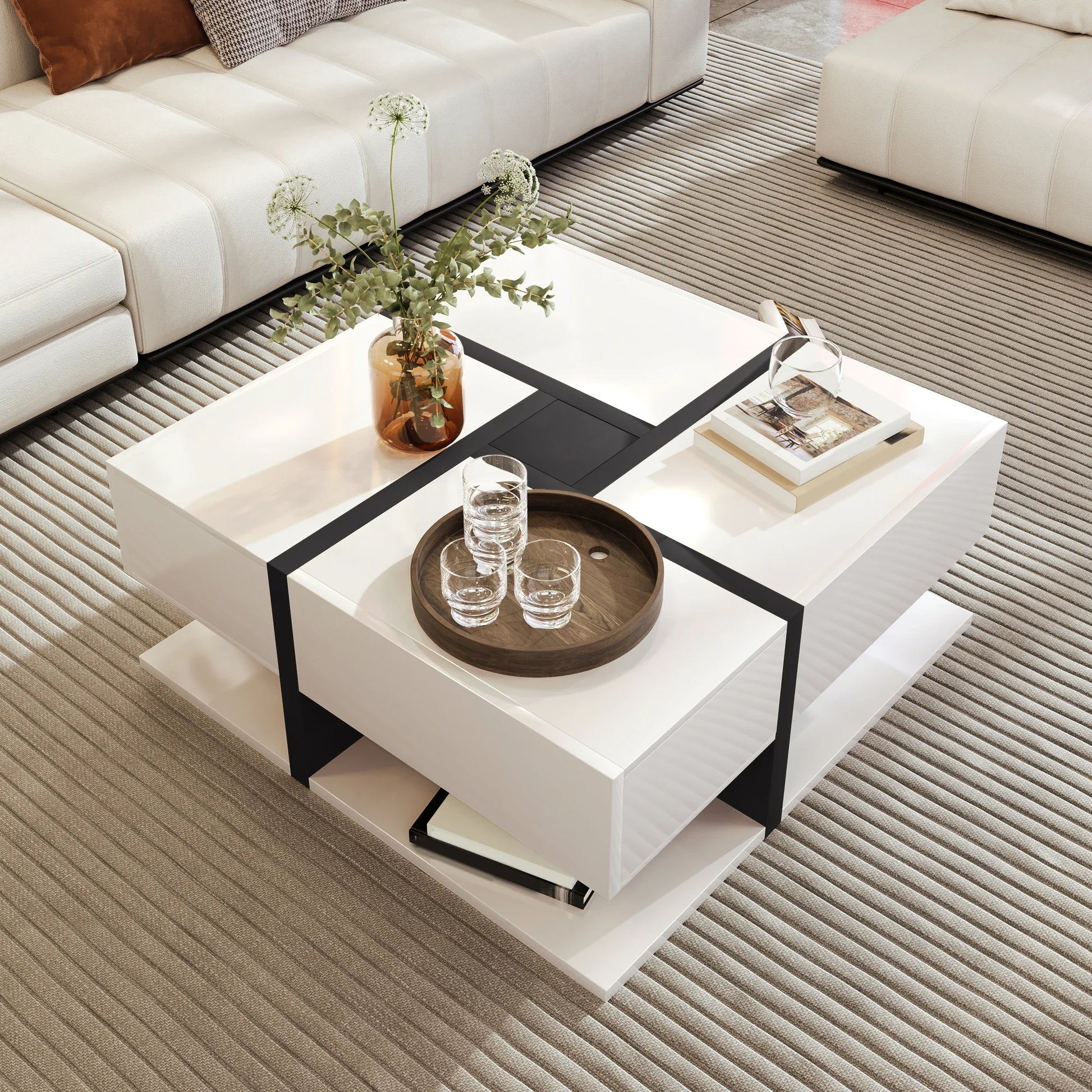 Table basse blanche et en bois avec 4 tiroirs 78x78x36 cm