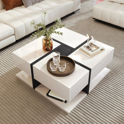 Table basse blanche et en bois avec 4 tiroirs 78x78x36 cm