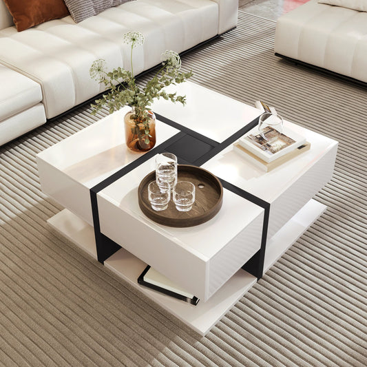 Table basse blanche et en bois avec 4 tiroirs 78x78x36 cm