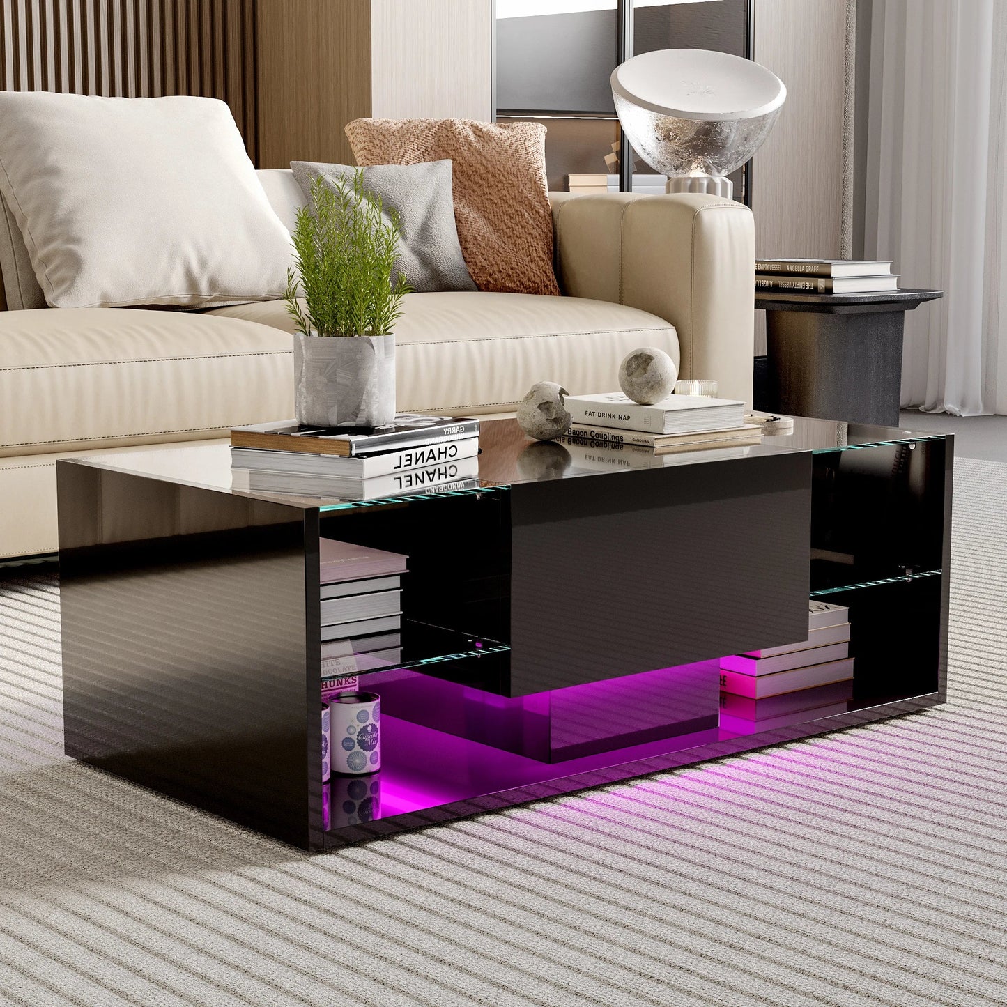 Table basse en bois et noir avec LED et tiroirs