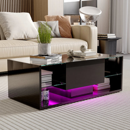 Table basse en bois et noir avec LED et tiroirs