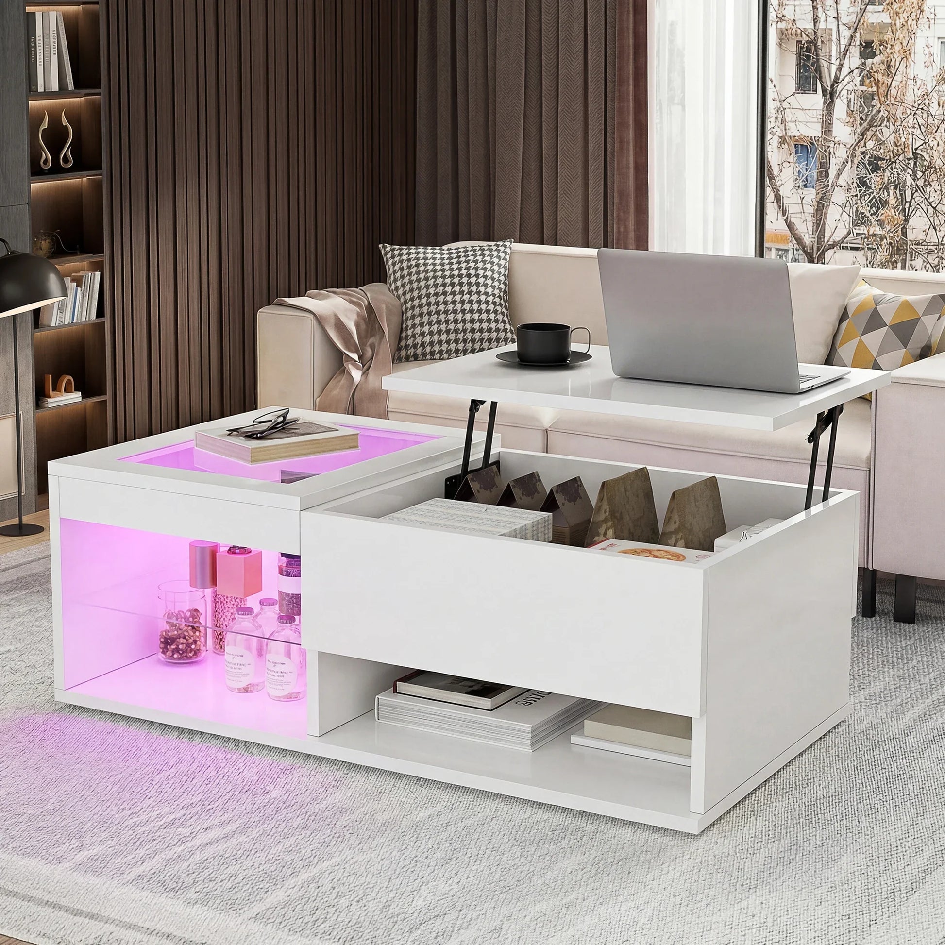 Table basse blanche et en bois rectangulaire avec plateau levant et rangement caché 100x55x35-50 cm