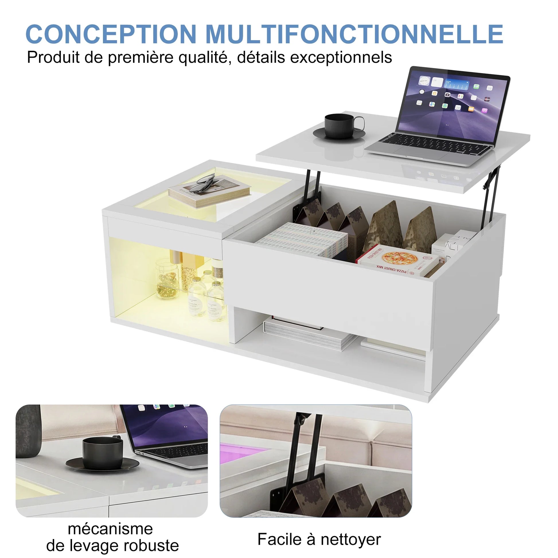 Table basse blanche et en bois rectangulaire avec plateau levant et rangement caché 100x55x35-50 cm