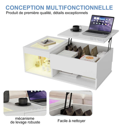 Table basse blanche et en bois rectangulaire avec plateau levant et rangement caché 100x55x35-50 cm