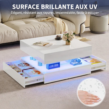 Table basse blanche et en bois rectangulaire avec LED et 2 tiroirs 100x50x45-58.5 cm