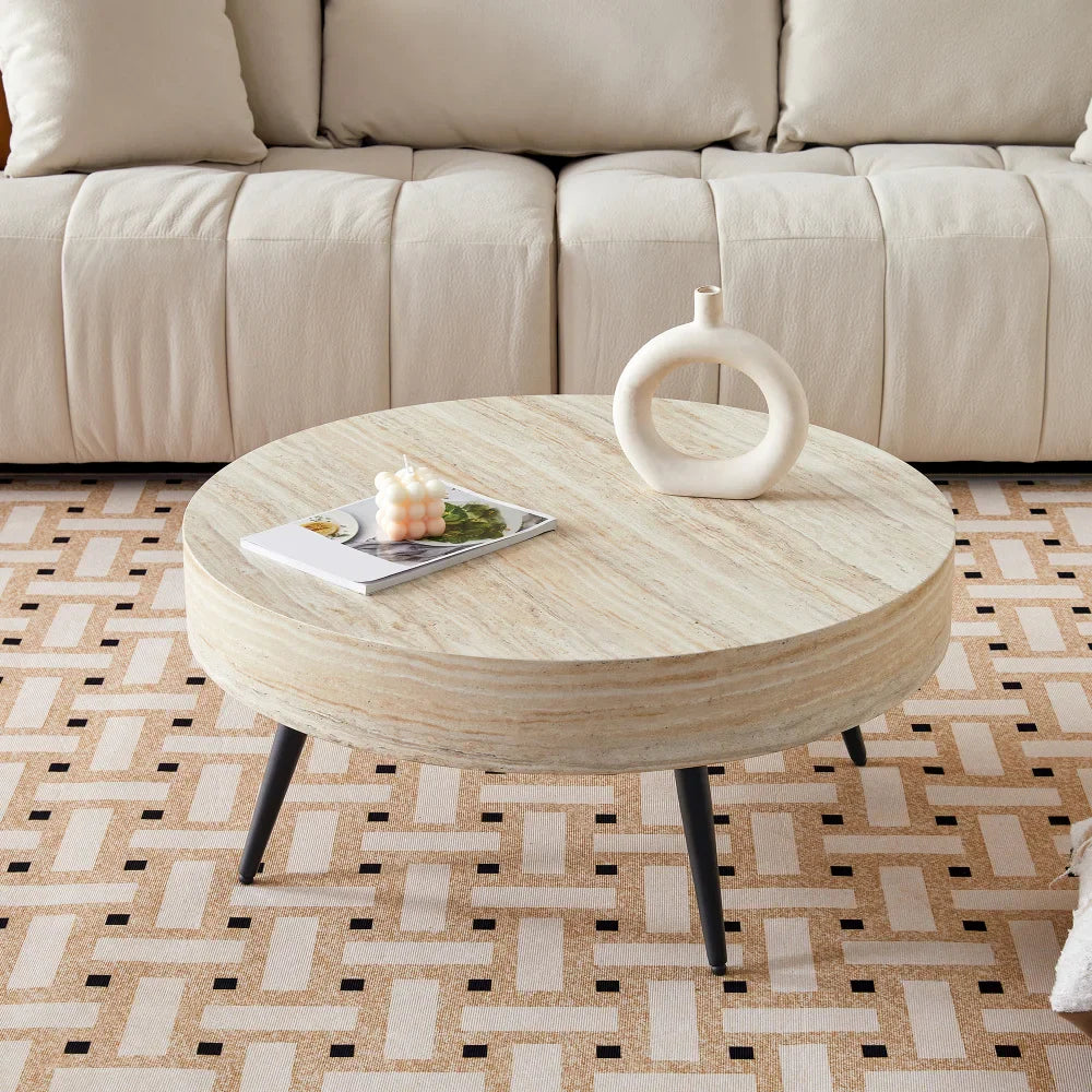 Table basse ronde en bois 70 cm avec pieds métal noir