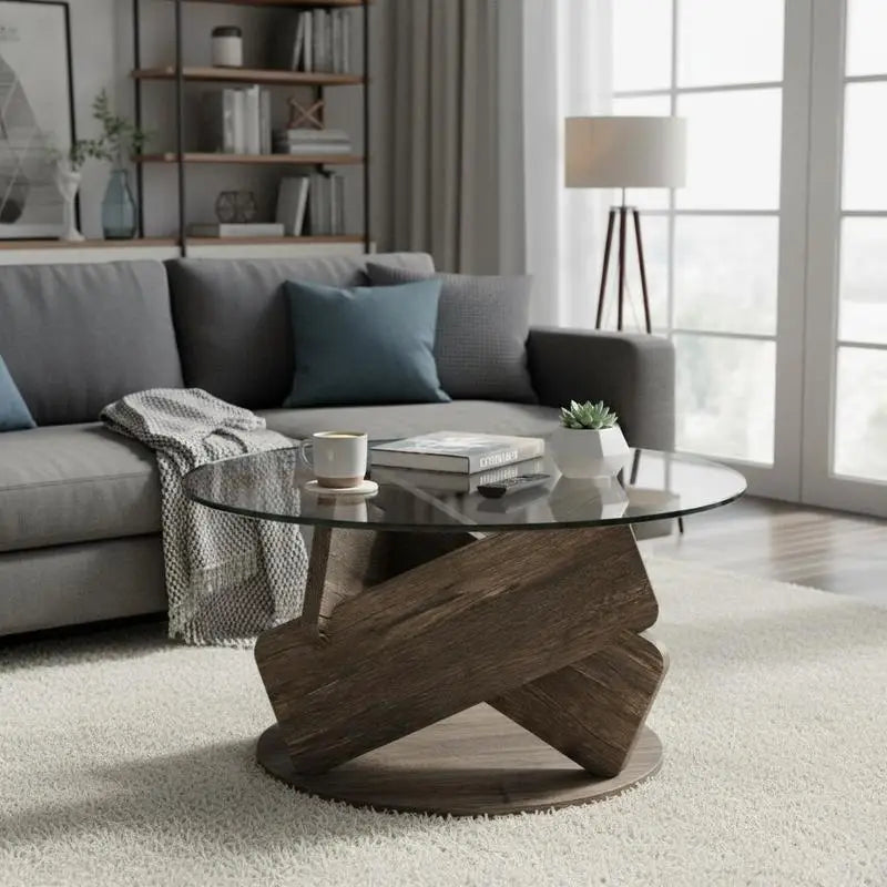 Table basse ronde en bois 32 pouces avec plateau en verre trempé gris
