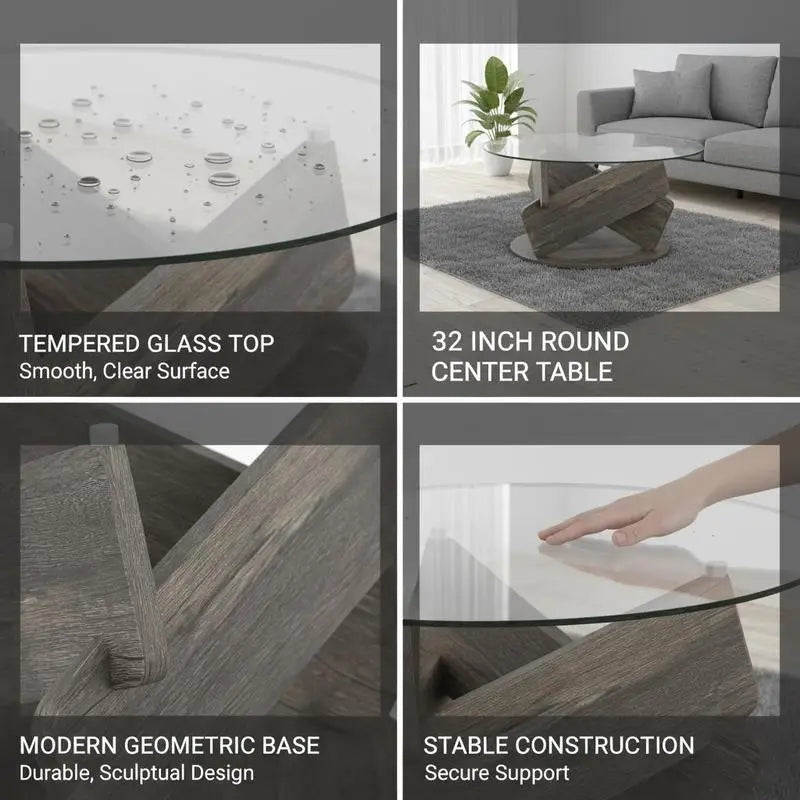Table basse ronde en bois 32 pouces avec plateau en verre trempé gris