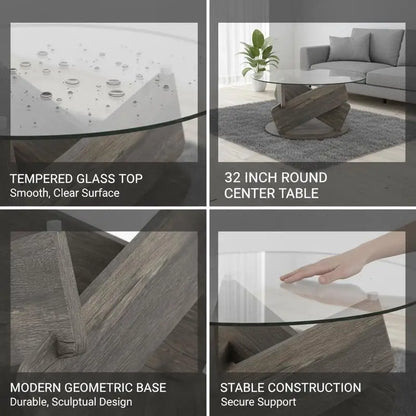 Table basse ronde en bois 32 pouces avec plateau en verre trempé gris