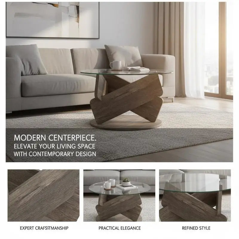 Table basse ronde en bois 32 pouces avec plateau en verre trempé gris