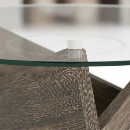 Table basse ronde en bois 32 pouces avec plateau en verre trempé gris