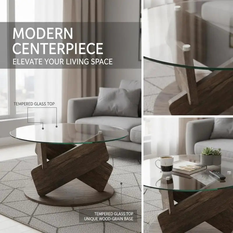 Table basse ronde en bois 32 pouces avec plateau en verre trempé gris