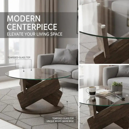 Table basse ronde en bois 32 pouces avec plateau en verre trempé gris