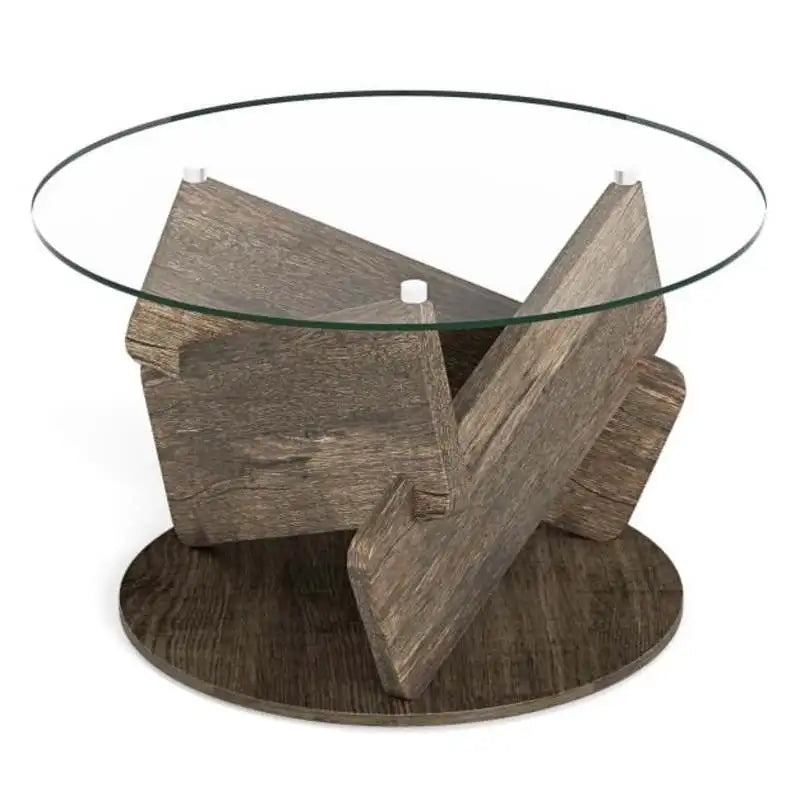 Table basse ronde en bois 32 pouces avec plateau en verre trempé gris