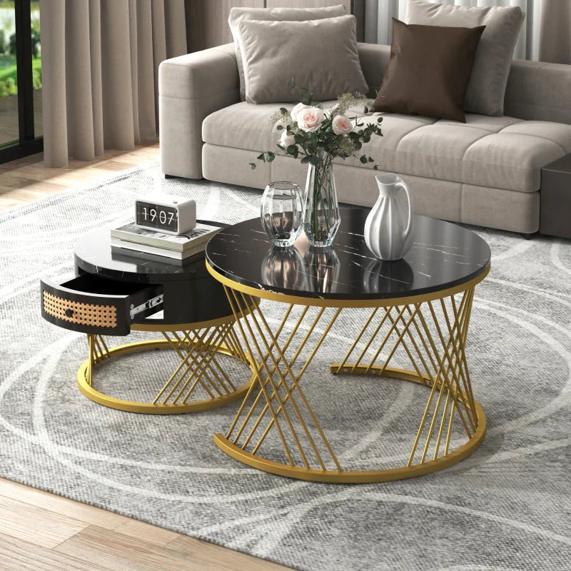 Table basse ronde en bois MDF avec plateau marbre et tiroirs rotin
