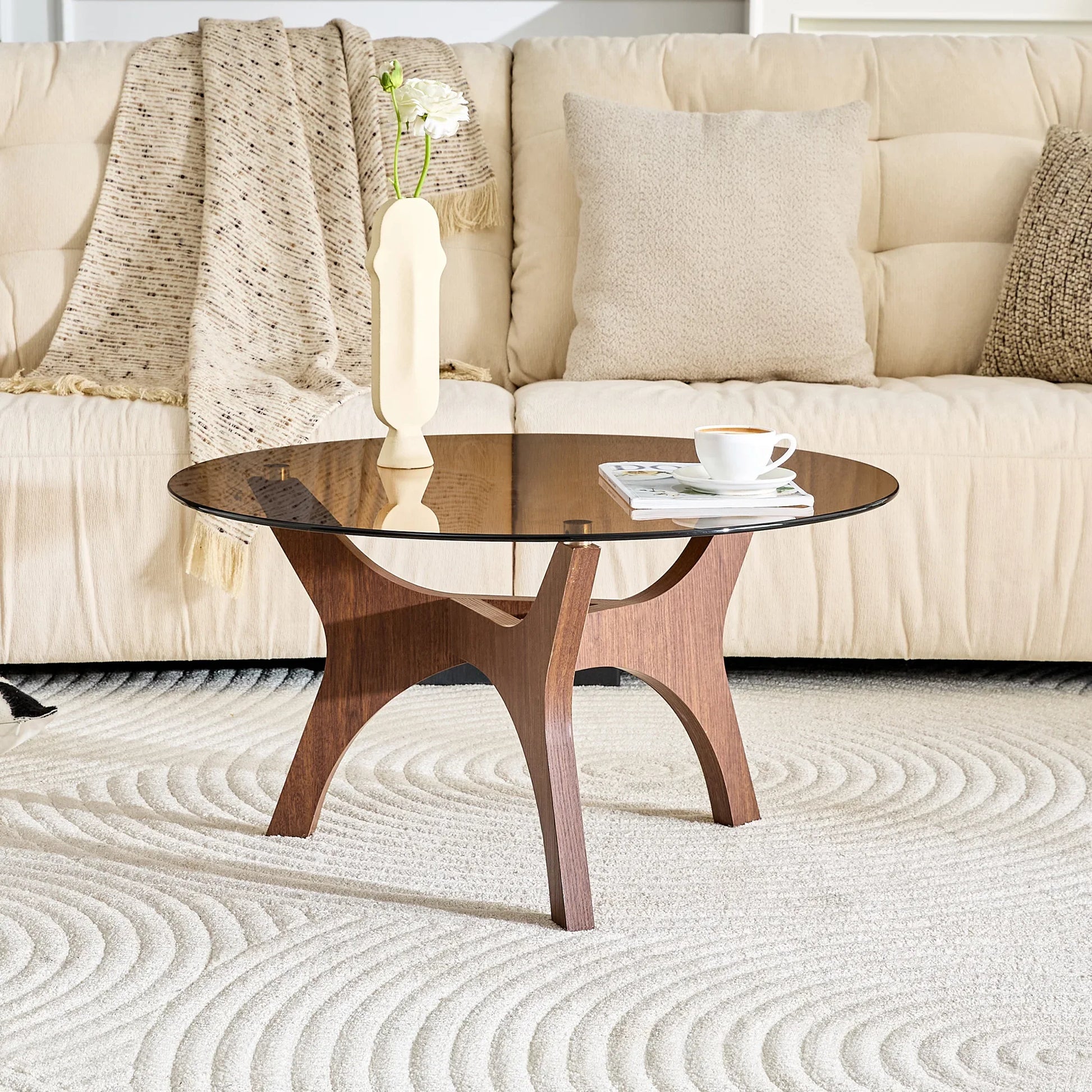 Table basse ronde en bois avec plateau verre trempé ambre 80x42,2 cm