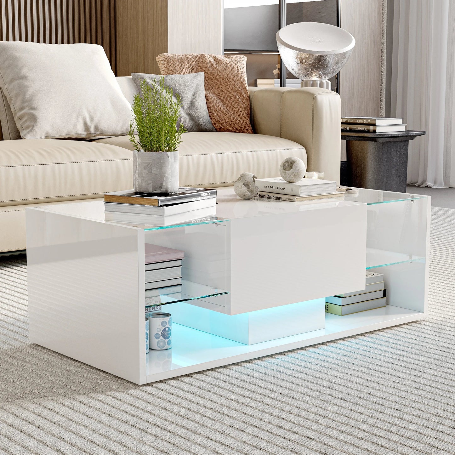 Table basse blanche et en bois avec éclairage LED et rangement