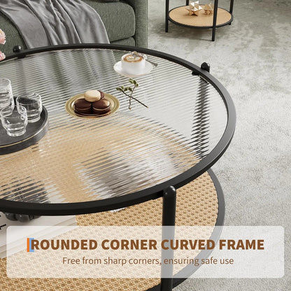 Table basse en bois et noir ronde en rotin 78 cm avec plateau en verre trempé