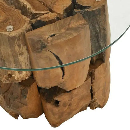 Table basse en bois massif teck 60 cm verre trempé brune