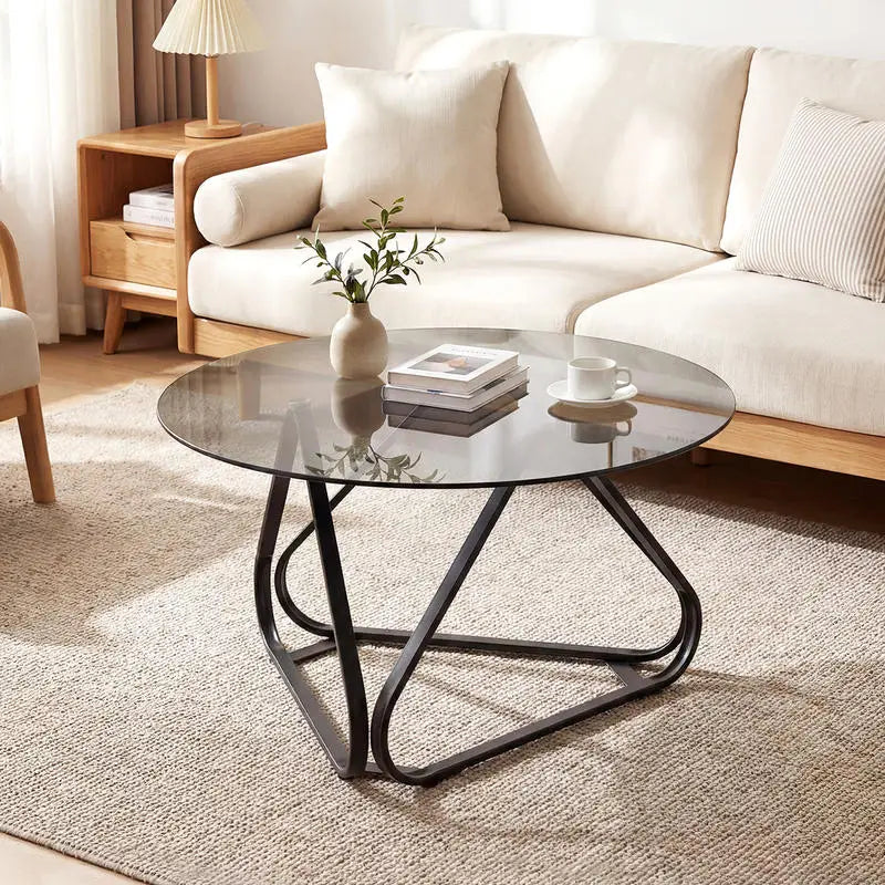 Table basse ronde en bois avec plateau verre trempé piètement métal noir 80 cm