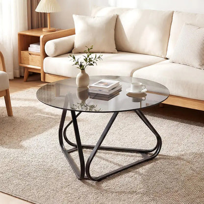 Table basse ronde en bois avec plateau verre trempé piètement métal noir 80 cm