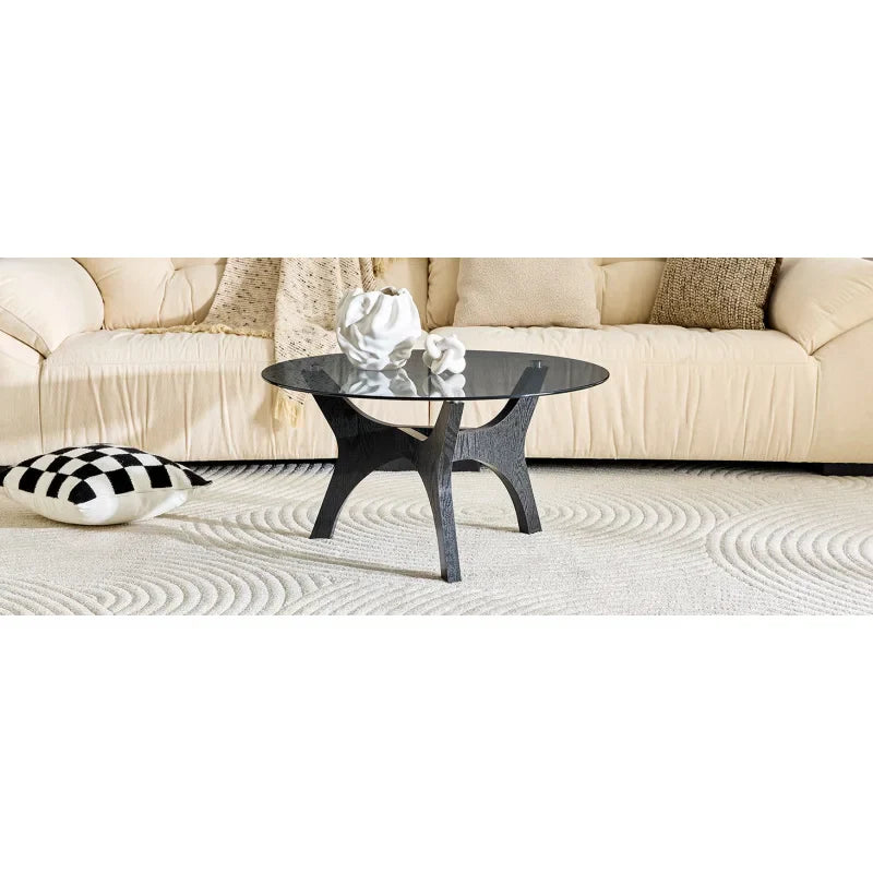 Table basse ronde en bois avec plateau en verre trempé 80 cm