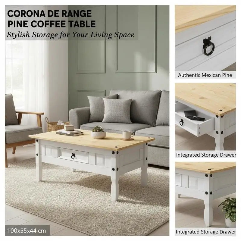 Table basse blanche et en bois de pin massif 100x55x44 cm
