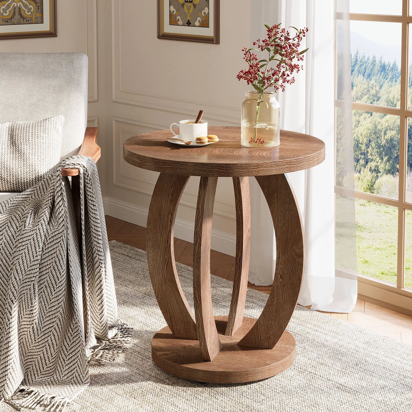 Table basse ronde en bois 2 niveaux avec rangement 60 cm