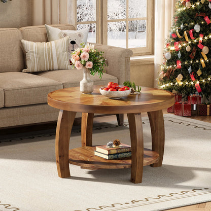 Table basse en bois massif ronde 2 niveaux avec rangement étagère