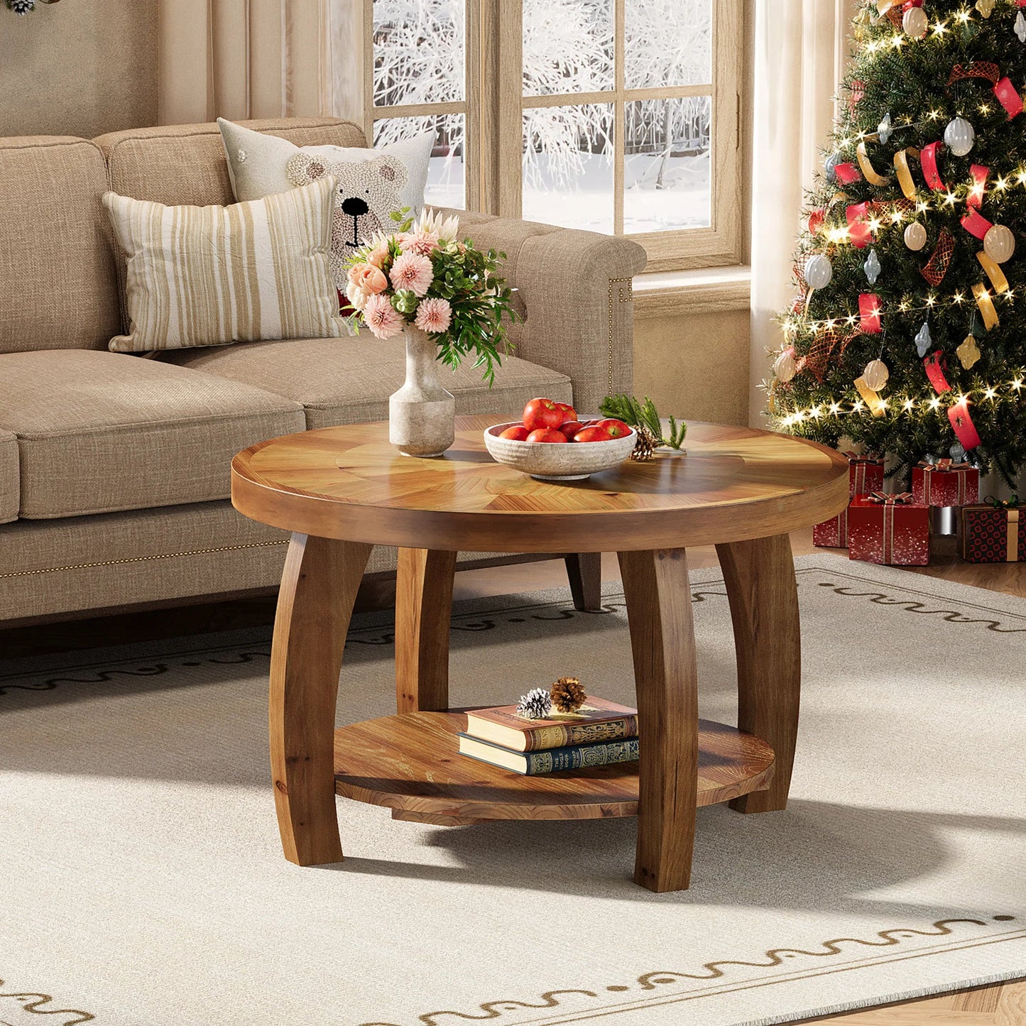 Table basse en bois massif ronde 2 niveaux 80 cm marron