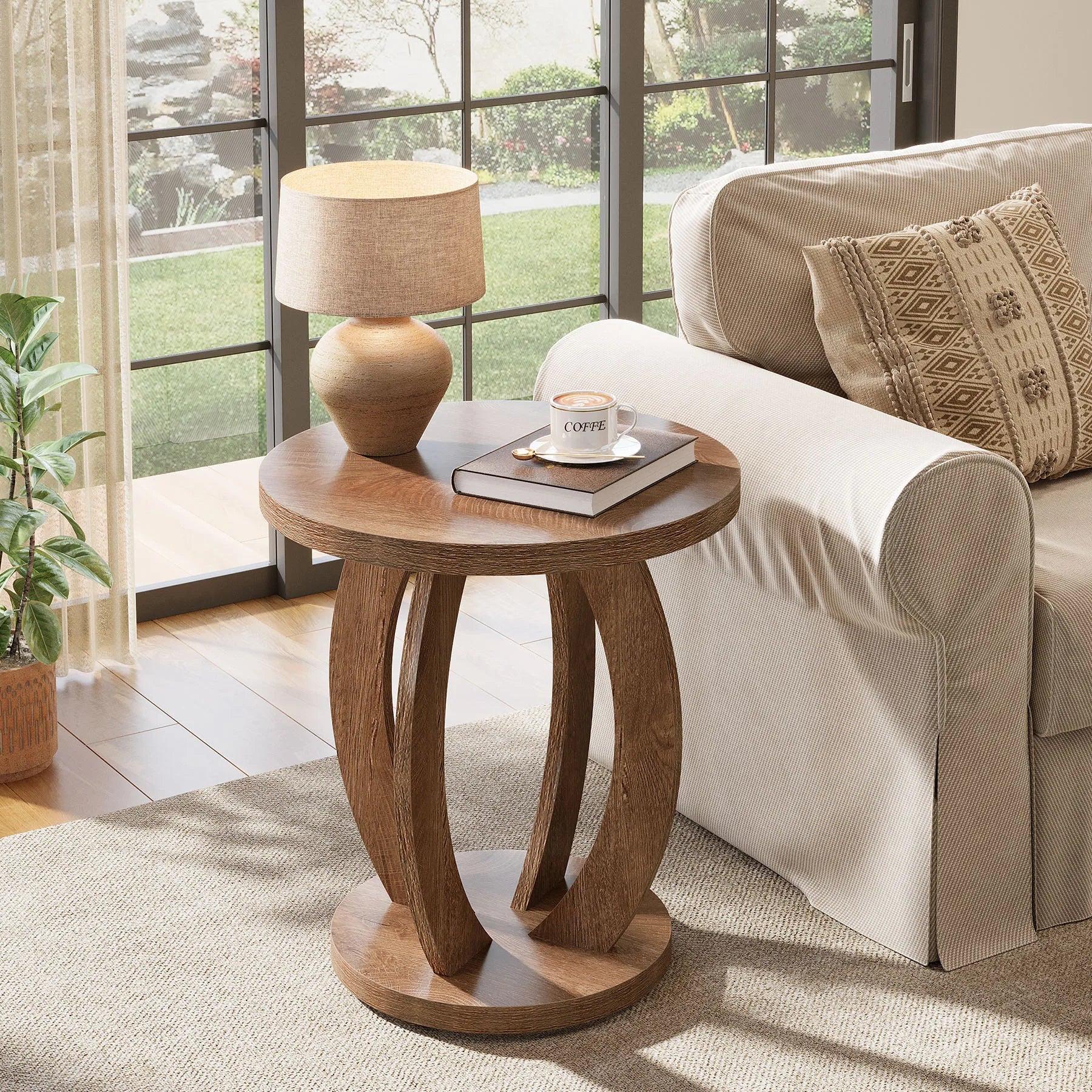 Table basse ronde en bois 2 niveaux avec rangement 60 cm