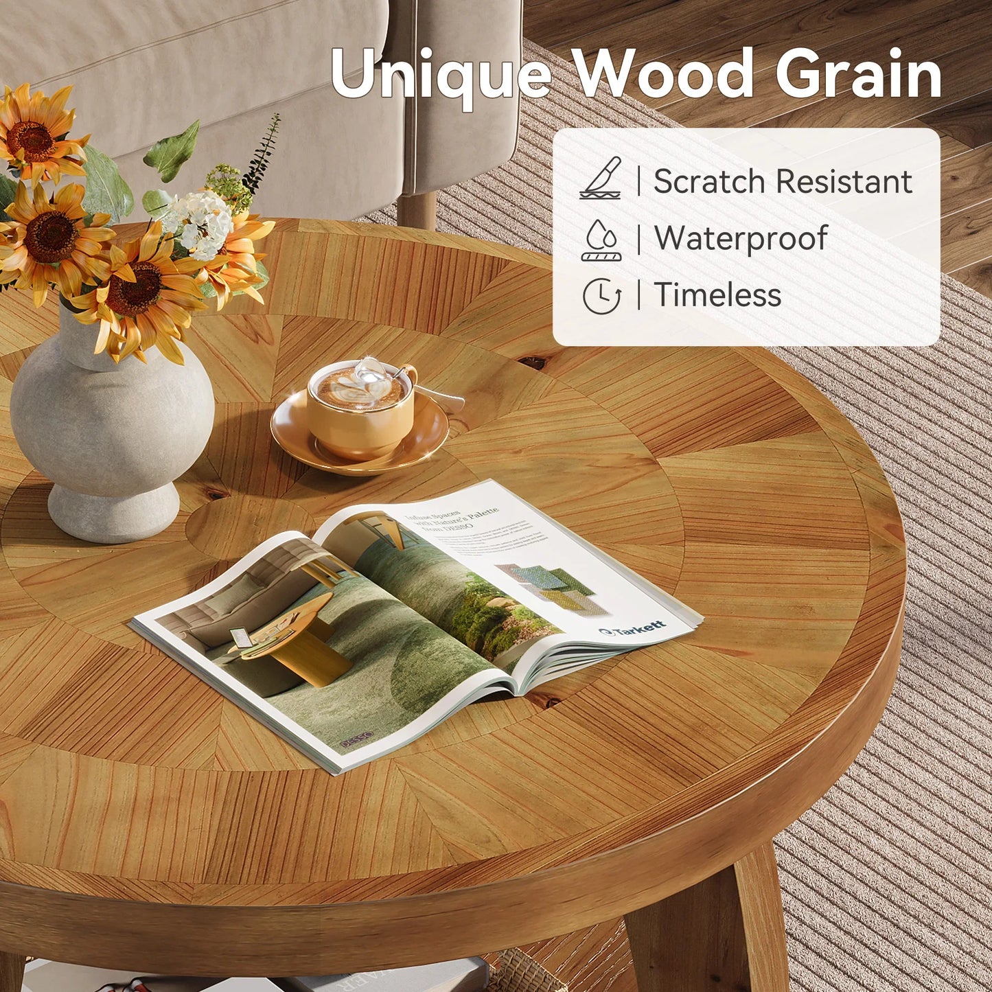 Table basse en bois massif ronde 2 niveaux avec rangement étagère